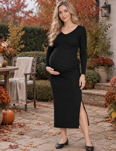 LAHILO Long Sleeve Maternity Sweater Dress for Fall Winter Baby Shower - color: Black, size: Large