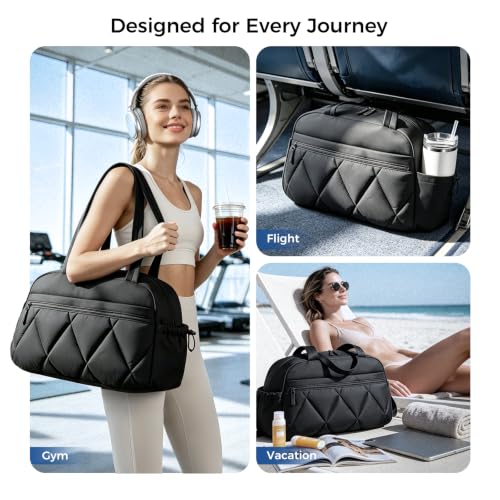 Women's Duffle Gym Bag, Carry-On Shoe Compartment for Weekender Overnight - color: Black, size: Medium
