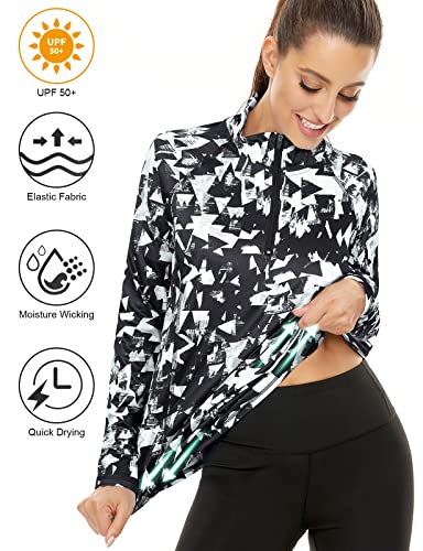 LURANEE Womens UPF 50+ Long Sleeve 1/4 Zip Pullover Athletic Hiking Running Workout Tops - color: Geometry Black, size: Small
