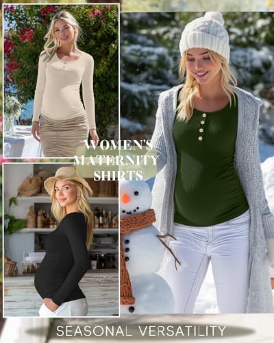 4 Pack Maternity Long Sleeve Shirts Pregnancy Tops - color: Black, Army Green, Apricot, Mocha, size: Medium