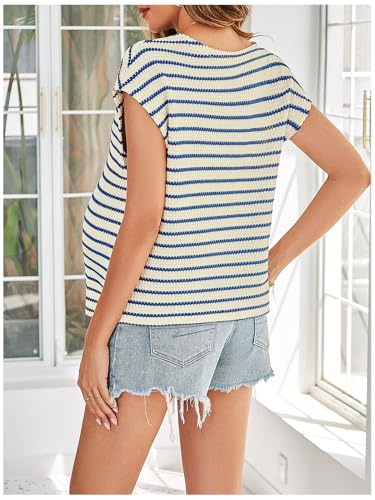 MakeMeChic Women's Maternity Work Knit Tops Nursing Short Sleeve Tees - color: Blue and White, size: Small