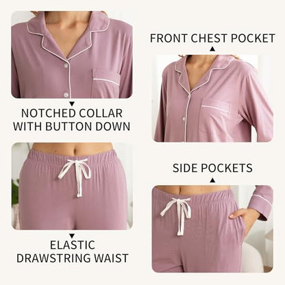 LYCY Cotton Pajamas for Women Set Long Sleeve Lounge Button Up with Pockets - color: Dusty Purple, size: Medium