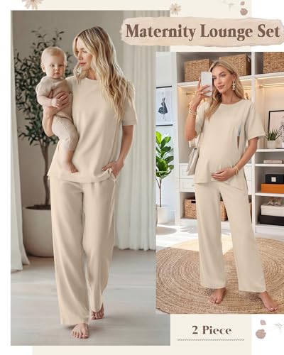 2Pc Postpartum Nursing Pajamas Set - color: Apricot, size: Medium