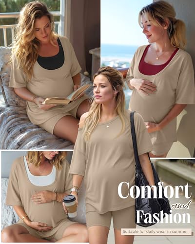 2 Piece Women Maternity Set Pregnancy Outfit - color: Apricot, size: Large