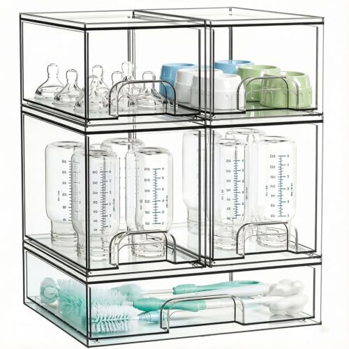 Stackable Baby Bottle Organizer for Countertop, Clear Acrylic Storage Bins for Bottles, Pump Parts & Baby Essentials, Space-Saving Feeding Station for Kitchen, Pantry, Bathroom & Nursery, 5 Pack