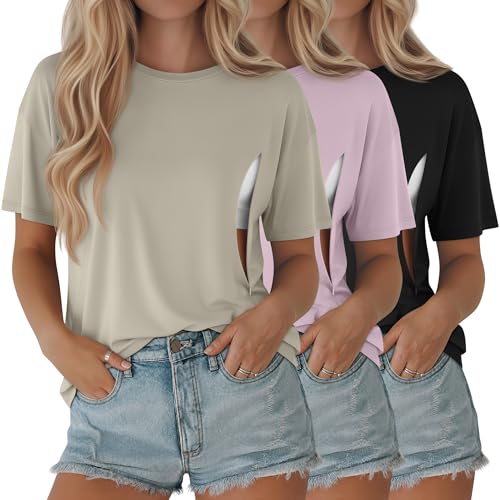 Riyiper 3 Pack Women's Nursing Short Sleeve Shirts - color: Cement Gray, Gray Purple, Black, size: Medium