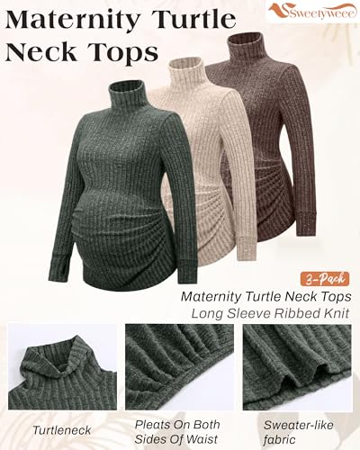 3 Pack Women's Maternity Turtleneck Tops - color: Army Green, Apricot, Coffee, size: Small