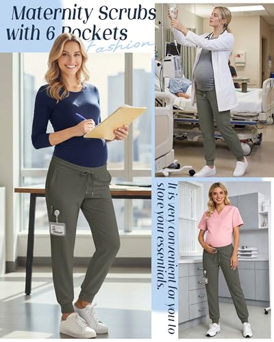 Xaatren Women's Maternity Scrub Joggers Pants with 6 Pockets - color: Army Green, size: Medium