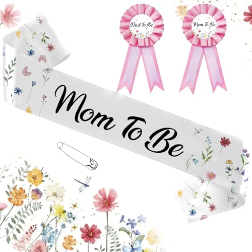 Wildflower-themed Mom-to-Be Sash, Baby Shower Decor, Mommy-to-Be Sash with Matching Boutonnieres, Floral Maternity Sash for Gender Reveal Parties, Pregnant Mom Dress Gift