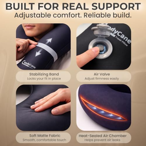 CANDY CANE Inflatable Airplane Travel Pillow, Supports Head, Neck & Chin - color: Black
