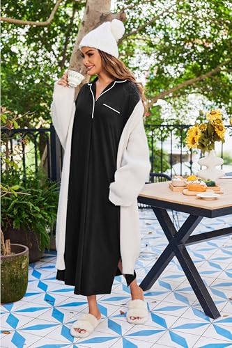 Ekouaer Long Sleeves Nightgowns for Women Button Down Night Gown - color: Black, size: Large