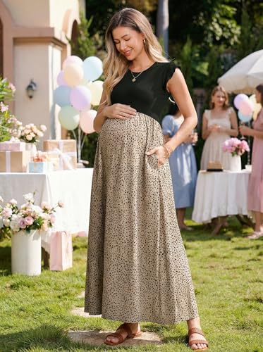OUGES Women's Ruffle Sleeve Patchwork Maternity Maxi Dress with Pockets - color: Khaki Leopard, size: Large