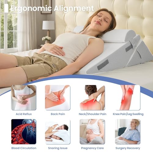 Sasttie Adjustable Wedge Pillow Set for After Surgery, Light Grey & White - color: Light Grey & White, size: Adjustable 9&12 Inch + 1 Head Pillow