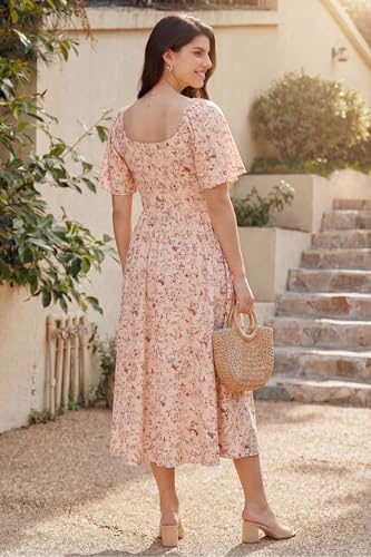 OUGES Women's V Neck Maternity Dress Baby Shower Midi Dresses with Pockets - color: Pink Floral, size: Large