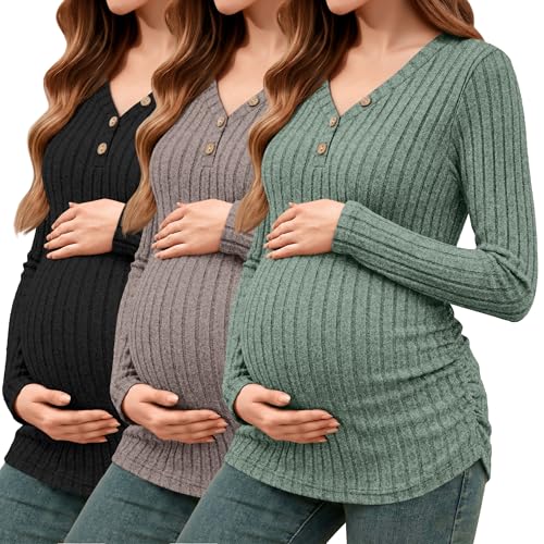 Oakgarden 3 Pack Women's Ribbed Henley Maternity Sweaters - color: Black, Coffee, Bean Green, size: Medium