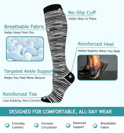 8 Pairs Compression Socks Women Men 15-20mmHg Knee High Support Circulation - color: 022 - Black/Black/Black/White/Grey, size: Large-X-Large