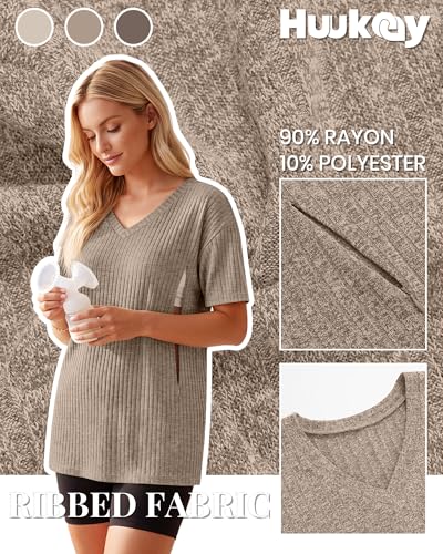 Huukeay 3 Pack Women's V Neck Nursing T-Shirts - color: Cream, Khaki, Light Coffee, size: Medium