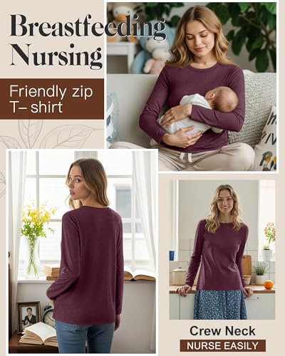 Women's Cotton Modal Maternity Nursing Tops - color: Wine Red, size: X-Large