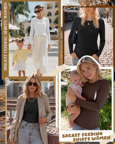 3 Pack Womens Long Sleeve Nursing Shirts, Ribbed Knit - color: Brown, White, Black, size: Small