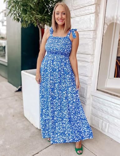 Tobrief Women's Boho Dress Summer Spaghetti Strap Square Neck Flowy Ruffle Beach Long Maxi Dress - color: 01 Blue Floral, size: Medium