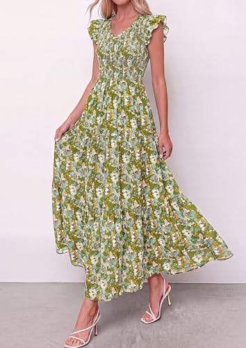 PRETTYGARDEN Women's Smocked Boho Floral Maxi Dress - color: Army Green, size: Medium
