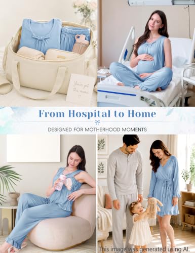 SUNNYBUY 3 PCS Ruffle Maternity Nursing Pajamas Set & Robe for Postpartum - color: Baby Blue, size: Small