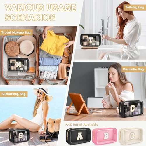 Initial Clear Makeup Bag, Birthday Gift Chenille Patch Cosmetic Bag - color: Black, size: D
