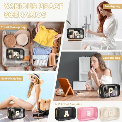 Initial Clear Makeup Bag, Birthday Gift Chenille Patch Cosmetic Bag - color: Black, size: D