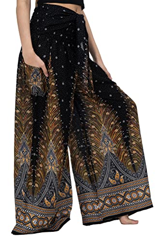 B BANGKOK PANTS Women's Boho Palazzo Pants - color: Black Peacock, size: 16-20 Plus
