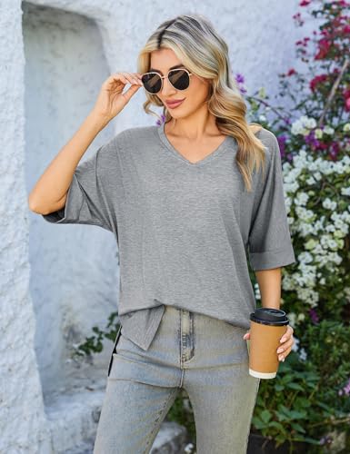 Totatuit Womens Oversized T Shirts Short Sleeve V Neck Basic Tees Tops - color: Grey, size: X-Large