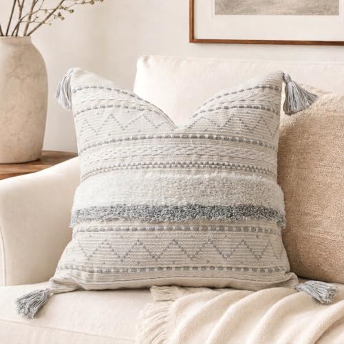 BlissBlush 20X20 Throw Pillow Cover, Cream Neutral Square Decorative Cushion Cover with Gray Pattern, Boho Accent Pillowcase with Tufted Details and Tassels for Couch Sofa Living Room (Cover Only) - color: Gray, size: 20" x 20" (Pack of 1)