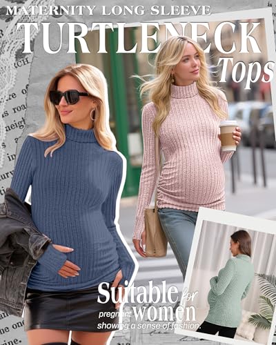 3 Pack Women's Maternity Turtleneck Tops - color: Dark Blue, Peach Pink, Light Green, size: X-Large
