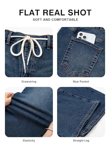 BLENCOT Maternity Jeans High Waisted Drawstring Straight Leg Denim Pants - color: Navy Blue, size: Small