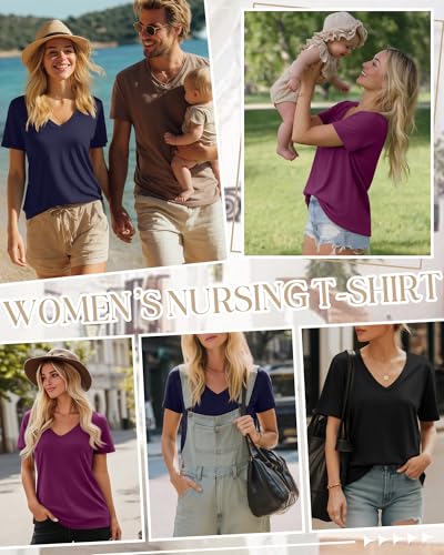 3 Pack Women's Nursing Tops Breastfeeding Shirts - color: Black, Navy, Fuchsia, size: Small