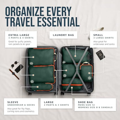 TRIPPED Travel Gear Large Compression Packing Cubes 7-Piece Set for Travel - color: Green/Orange