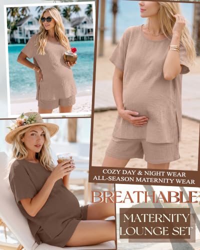 Riyiper 4 Pcs 100% Cotton Maternity Pajamas Sets - color: Beige, Light Brown, size: Medium