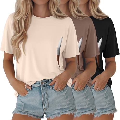 Riyiper 3 Pack Women's Nursing Short Sleeve Shirts - color: Beige, Camel, Black, size: X-Large