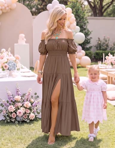 ZESICA Womens 2026 Summer Off Shoulder Boho Maxi Dress - color: Coffee, size: Small