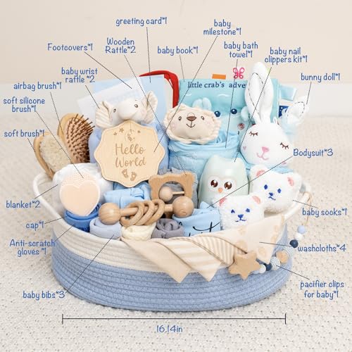 30 Piece Baby Gift Basket – Luxury Curated Baby Gift Basket for Newborn - color: White blue