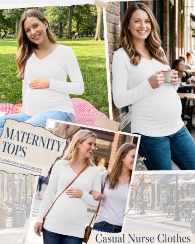 3 Pack Women Maternity Shirts Scrub Tops Side Ruched - color: White, White, White, size: XX-Large