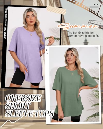 3 Pack Womens Oversized Waffle Knit Tops - color: Dusty Pink, Grayish Purple, Grass Green, size: X-Large