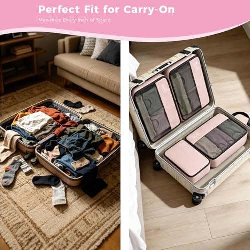 Compression Packing Cubes for Carry On Travel, 8-Piece Luggage Organizers - color: Pink-8 Set