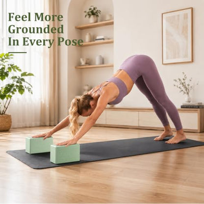 Yoga Blocks 2 Pack with Supportive Non-Slip Foam for Yoga Pilate Stretching - color: Mint Green-Leaf Pattern
