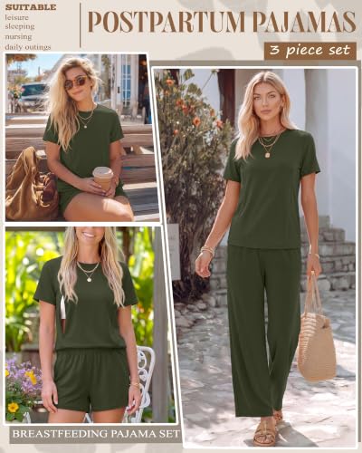 3 Piece Maternity Nursing Pajamas Set - color: Army Green, size: Small
