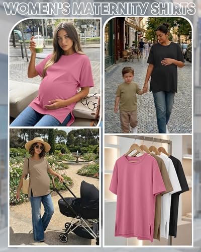 Riyiper 4 Pack Women's Short Sleeve Maternity T Shirts - color: Black, White, Khaki, Pink, size: Medium