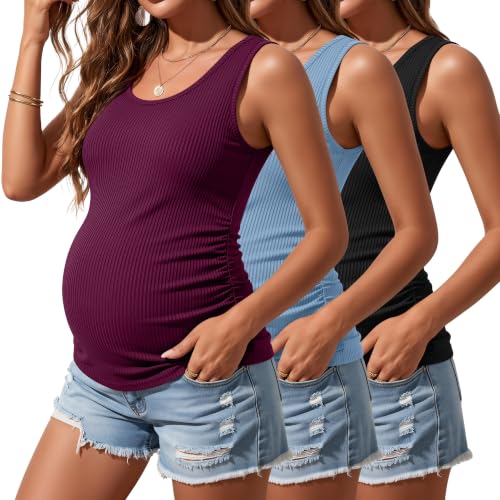 Riyiper 3 Pack Women's Maternity Tank Tops - color: Black, Light Blue, Fuchsia, size: Small