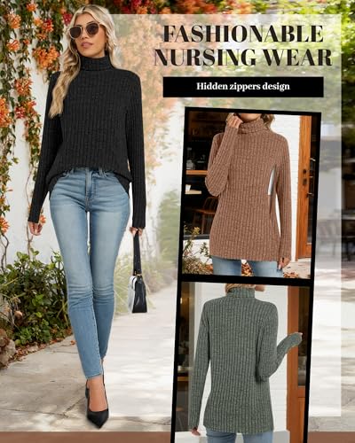 3 Pack Womens Turtleneck Nursing Tops Ribbed Sweaters - color: Army Green, Coffee, Black, size: Small