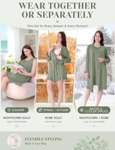 Maternity Nursing Gown & Robe Set, Ruffle Labor Delivery Nightgowns - color: Sage Green, size: Small