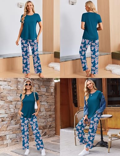 Ekouaer 3 Piece Maternity Nursing Pajamas Set Short Sleeve Breastfeeding Pjs - color: Blue Green-flower, size: Small