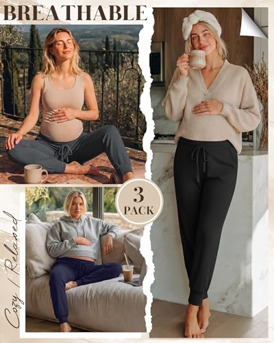 3 Pack Women Maternity Pants Pregnancy Lounge Jogger - color: Black, Dark Gray, Navy Blue, size: X-Large